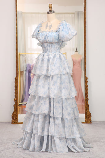 Light Blue Printed A Line Square Neck Long Tiered Prom Dress
