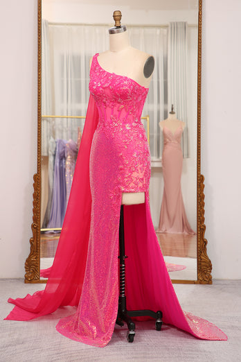 Mermaid Fuchsia Sequin One Shoulder Corset Long Prom Dress with Slit