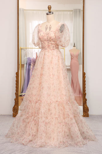 A-Line Champagne Printed Square Neck Long Prom Dress