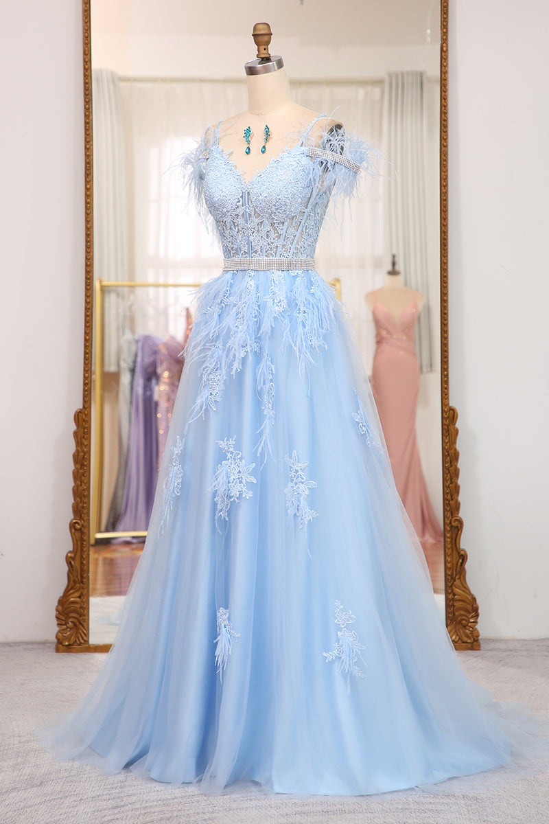 Load image into Gallery viewer, Light Blue A-line Tulle Corset Prom Dress with Appliques