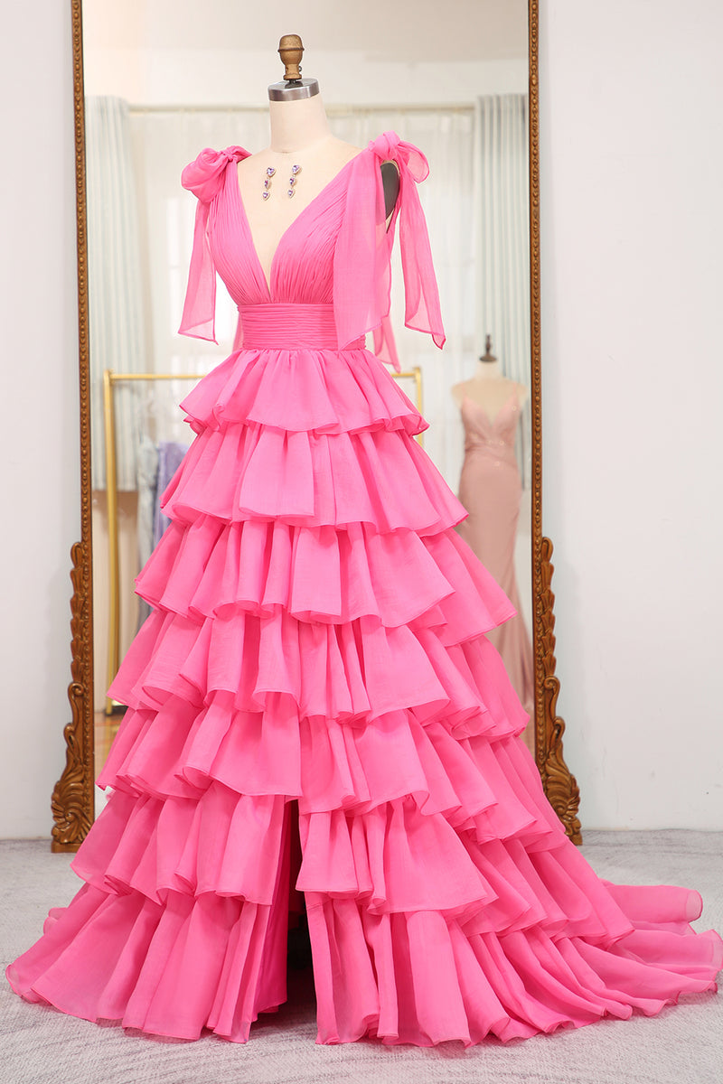 Load image into Gallery viewer, A Line Hot Pink V Neck Long Tiered Prom Dress with Slit