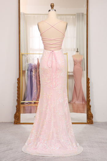 Sparkly Mermaid Pink Spaghetti Straps Long Prom Dress with Sequins