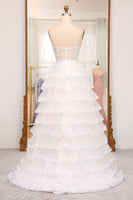 Load image into Gallery viewer, A-line White Spaghetti Straps Tulle Tiered Corset Prom Dress with Slit