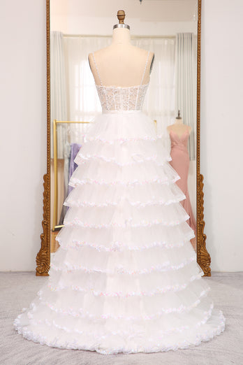 A-line White Spaghetti Straps Tulle Tiered Corset Prom Dress with Slit