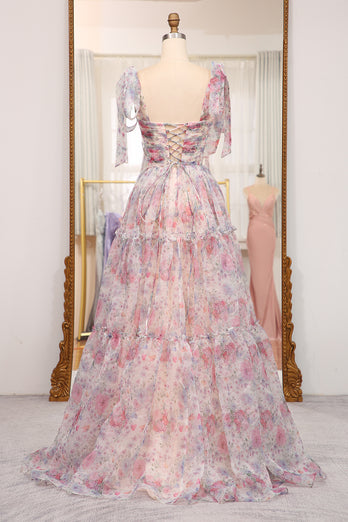 A Line Pink Floral Print Adjustable Straps Long Prom Dress