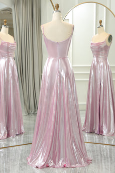 Pink A Line Spaghetti Straps Long Prom Dress with Slit