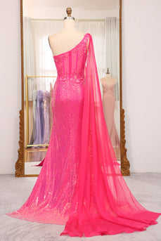 Mermaid Fuchsia Sequin One Shoulder Corset Long Prom Dress with Slit