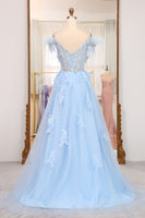 Load image into Gallery viewer, Light Blue A-line Tulle Corset Prom Dress with Appliques