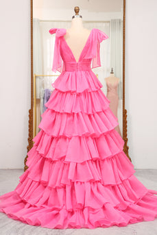 A Line Hot Pink V Neck Long Tiered Prom Dress with Slit