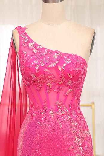 Mermaid Fuchsia Sequin One Shoulder Corset Long Prom Dress with Slit