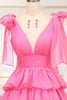 Load image into Gallery viewer, A Line Hot Pink V Neck Long Tiered Prom Dress with Slit