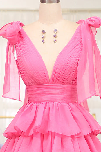A Line Hot Pink V Neck Long Tiered Prom Dress with Slit