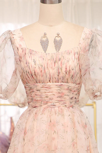 A-Line Champagne Printed Square Neck Long Prom Dress