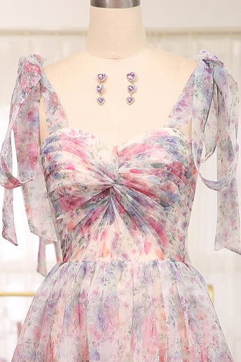 A Line Pink Floral Print Adjustable Straps Long Prom Dress