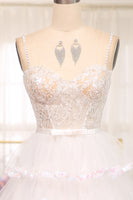 Load image into Gallery viewer, A-line White Spaghetti Straps Tulle Tiered Corset Prom Dress with Slit