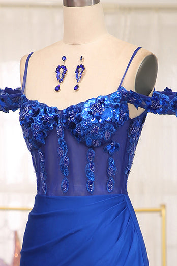 Sparkly Mermaid Royal Blue Off The Shoulder Long Prom Dress With Appliques