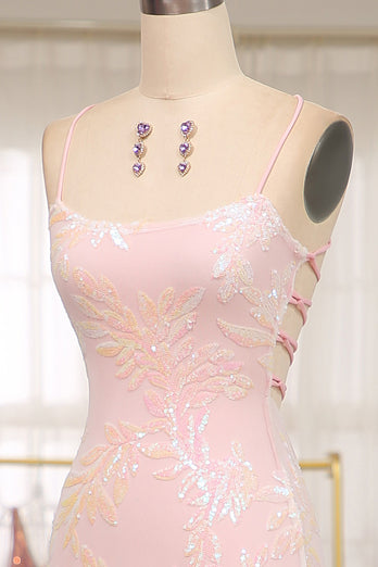 Sparkly Mermaid Pink Spaghetti Straps Long Prom Dress with Sequins