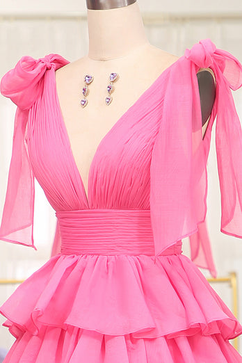 A Line Hot Pink V Neck Long Tiered Prom Dress with Slit