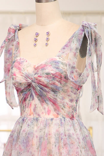 A Line Pink Floral Print Adjustable Straps Long Prom Dress