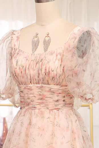 A-Line Champagne Printed Square Neck Long Prom Dress