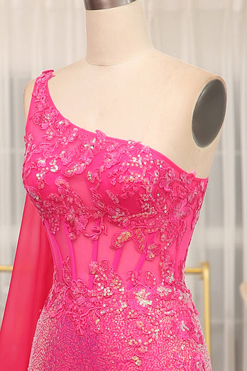 Mermaid Fuchsia Sequin One Shoulder Corset Long Prom Dress with Slit