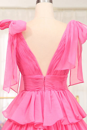 A Line Hot Pink V Neck Long Tiered Prom Dress with Slit