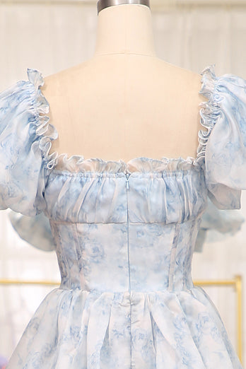 Light Blue Printed A Line Square Neck Long Tiered Prom Dress
