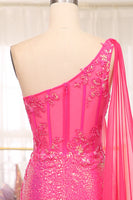 Load image into Gallery viewer, Mermaid Fuchsia Sequin One Shoulder Corset Long Prom Dress with Slit