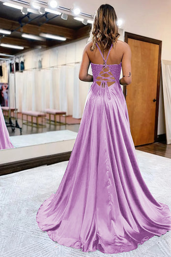 A Line Lilac Satin Beaded Prom Dress with Slit