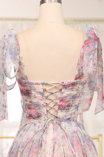 A Line Pink Floral Print Adjustable Straps Long Prom Dress