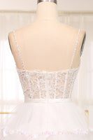 Load image into Gallery viewer, A-line White Spaghetti Straps Tulle Tiered Corset Prom Dress with Slit