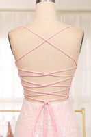 Load image into Gallery viewer, Sparkly Mermaid Pink Spaghetti Straps Long Prom Dress with Sequins