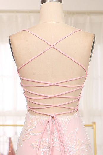 Sparkly Mermaid Pink Spaghetti Straps Long Prom Dress with Sequins