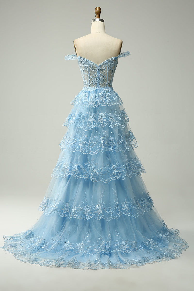 Load image into Gallery viewer, Golden A-line Off The Shoulder Tiered Prom Dress with Sequins