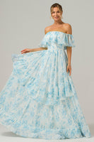Load image into Gallery viewer, White Blue Floral Off the Shoulder Boho Long Bridesmaid Dress with Ruffles