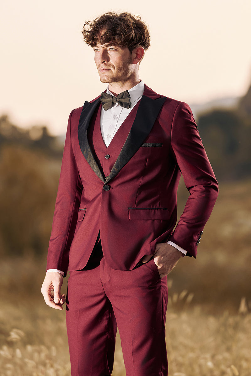 Load image into Gallery viewer, Burgundy Men&#39;s 3 Pieces Peak Lapel One Button Prom Suits