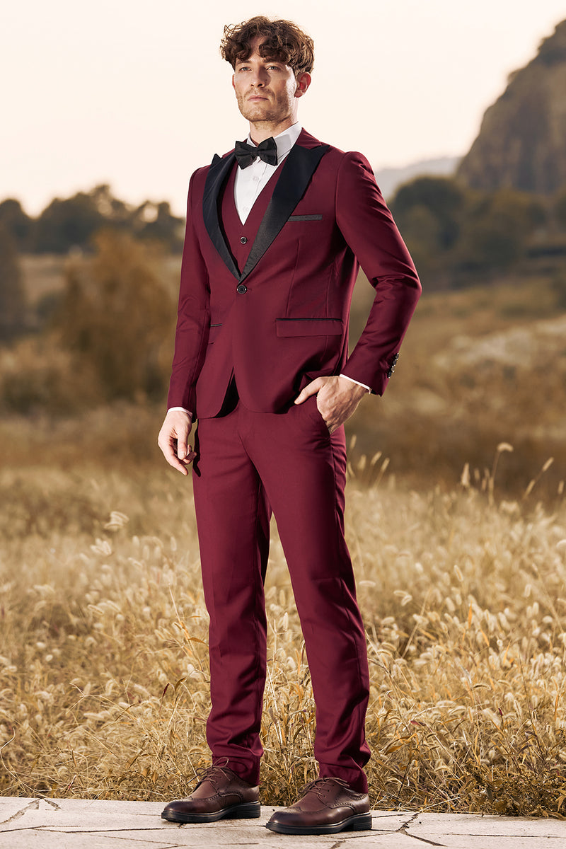 Load image into Gallery viewer, Burgundy Men&#39;s 3 Pieces Peak Lapel One Button Prom Suits