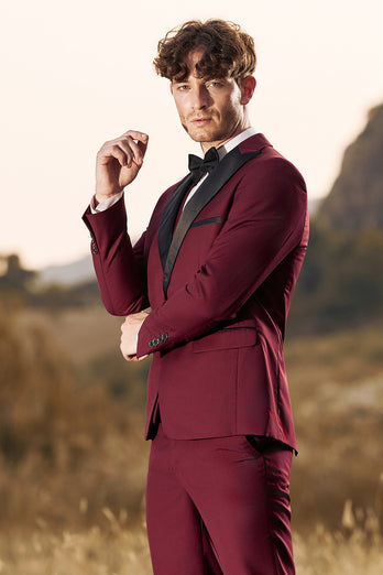 Burgundy Men's 3 Pieces Peak Lapel One Button Prom Suits