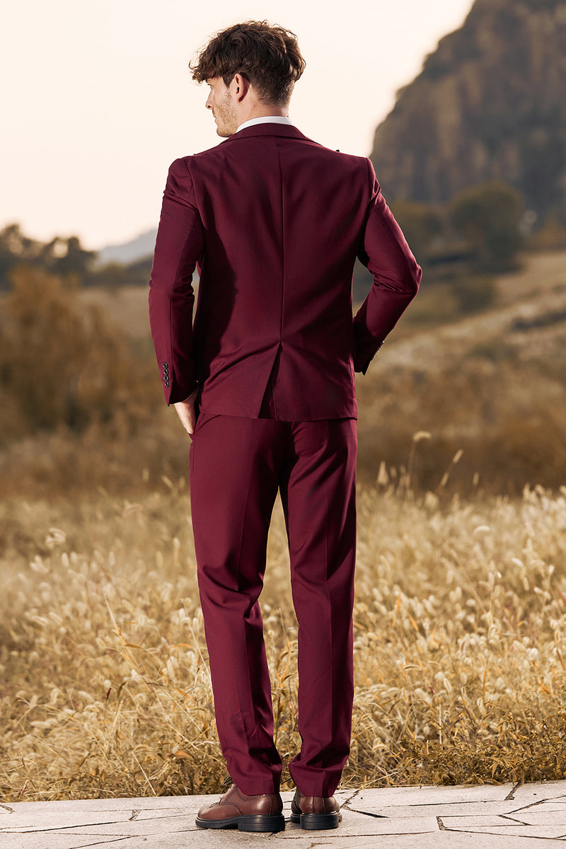 Load image into Gallery viewer, Burgundy Men&#39;s 3 Pieces Peak Lapel One Button Prom Suits