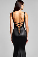 Load image into Gallery viewer, Spaghetti Straps Mermaid Lace Up Back Black Tie Dress