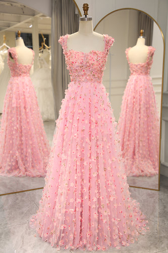 A-line Off The Shoulder Pink Long Bridesmaid Dress with 3D Flowers