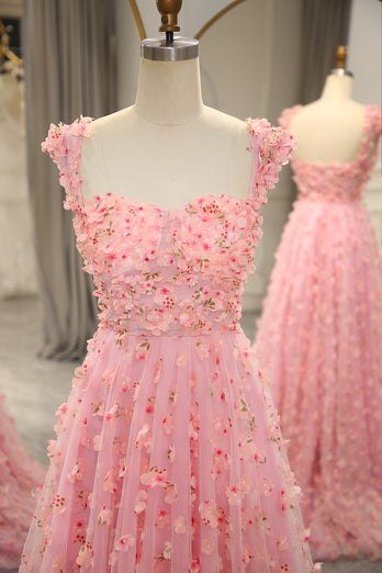 A-line Off The Shoulder Pink Long Bridesmaid Dress with 3D Flowers