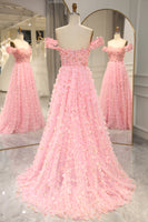 Load image into Gallery viewer, A-line Off The Shoulder Pink Long Bridesmaid Dress with 3D Flowers