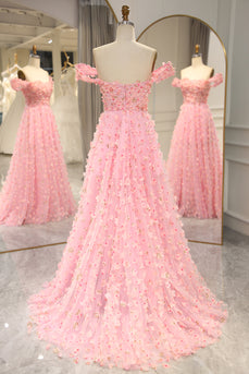 A-line Off The Shoulder Pink Long Bridesmaid Dress with 3D Flowers