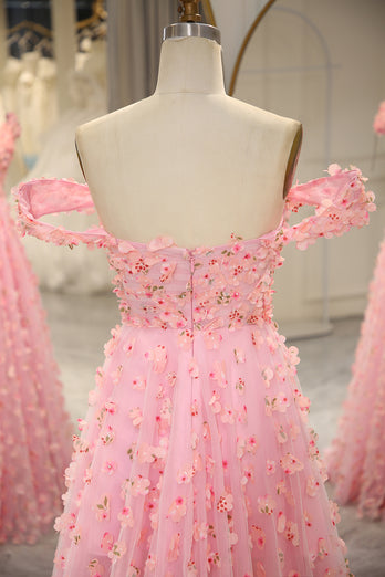 A-line Off The Shoulder Pink Long Bridesmaid Dress with 3D Flowers