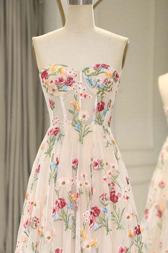 A-Line Ivory Strapless Flower embroidered Corset Prom Dress