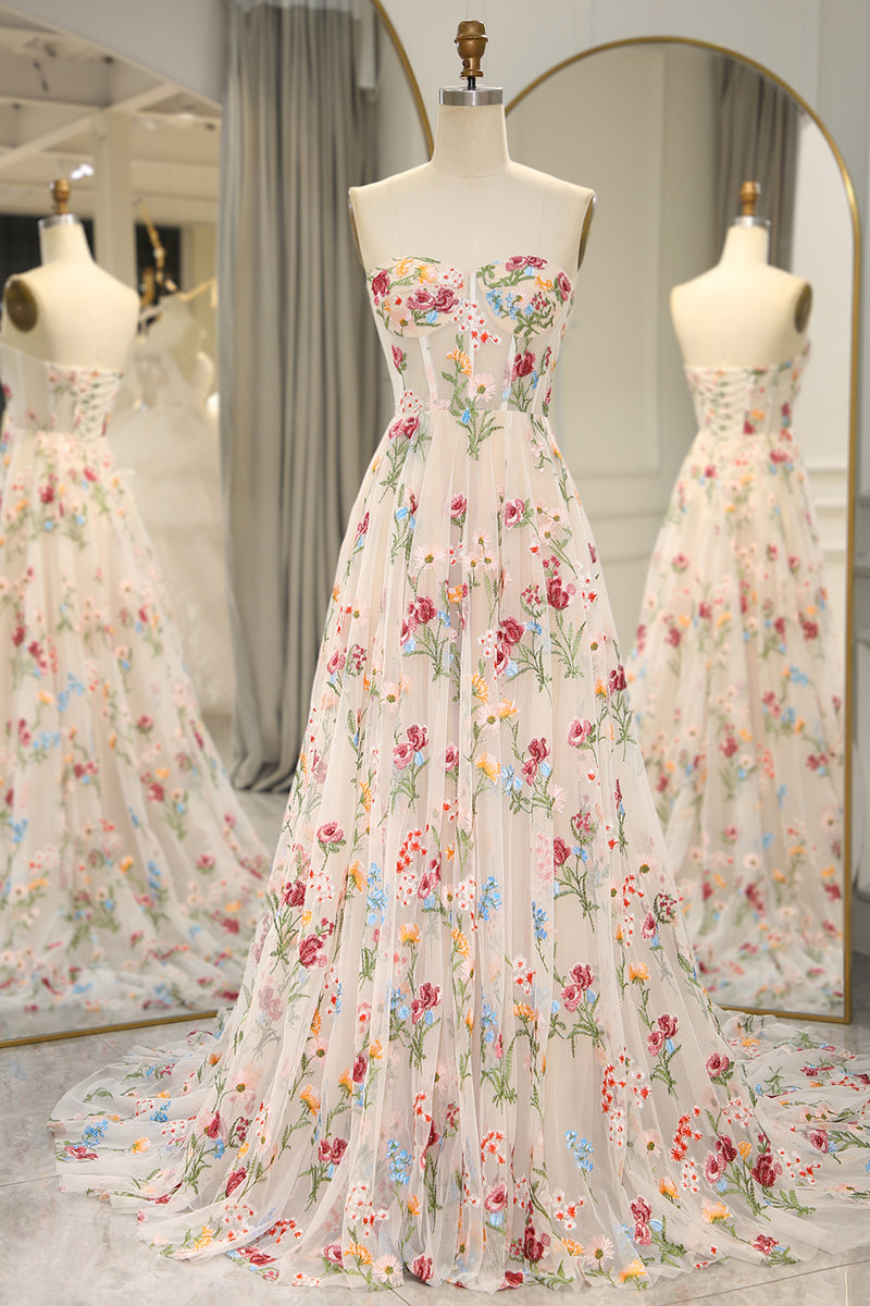 Load image into Gallery viewer, A-Line Ivory Strapless Flower embroidered Corset Prom Dress
