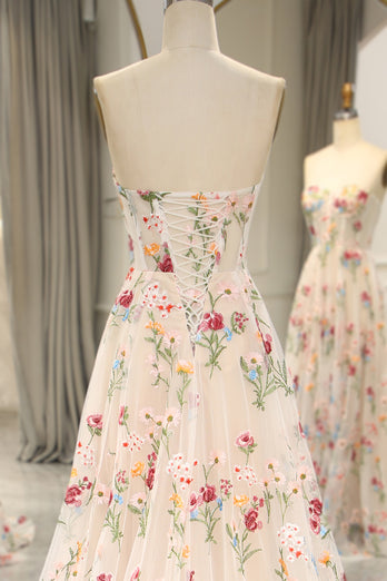 A-Line Ivory Strapless Flower embroidered Corset Prom Dress