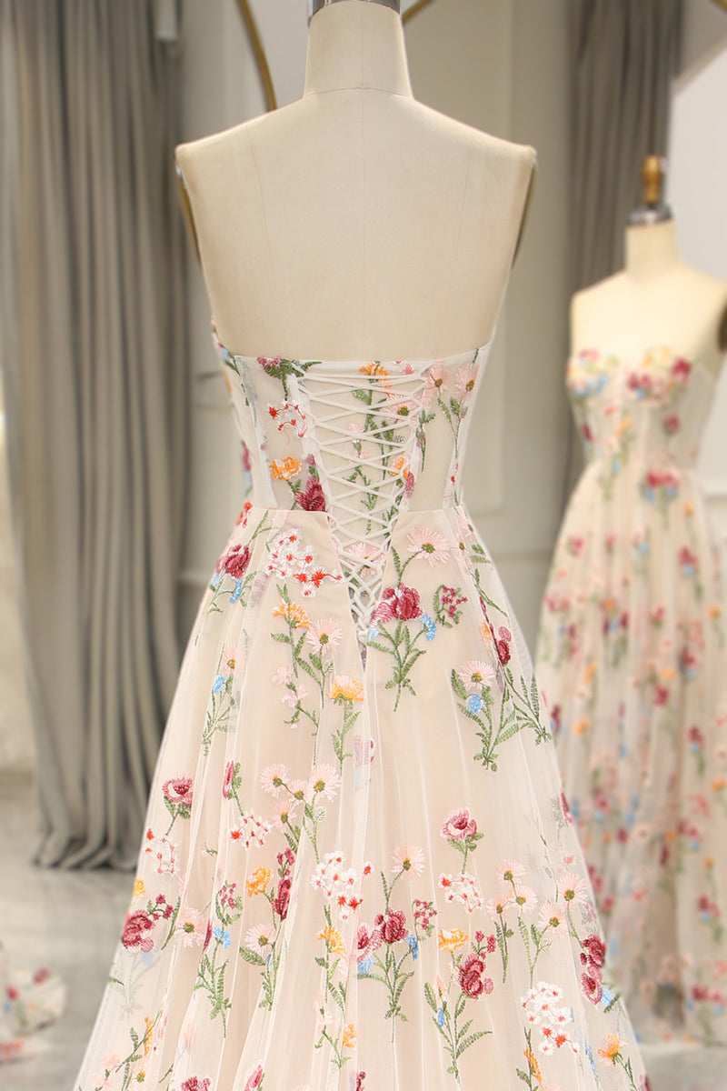 Load image into Gallery viewer, A-Line Ivory Strapless Flower embroidered Corset Prom Dress