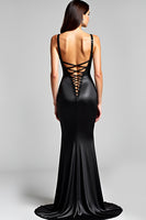 Load image into Gallery viewer, Spaghetti Straps Mermaid Lace Up Back Black Tie Dress